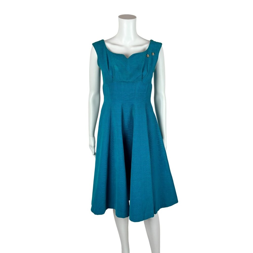 Vintage 50s Corduroy Dress Women's XXS Blue Bow Back Empire Bust Cocktail Fit & - Picture 2 of 10